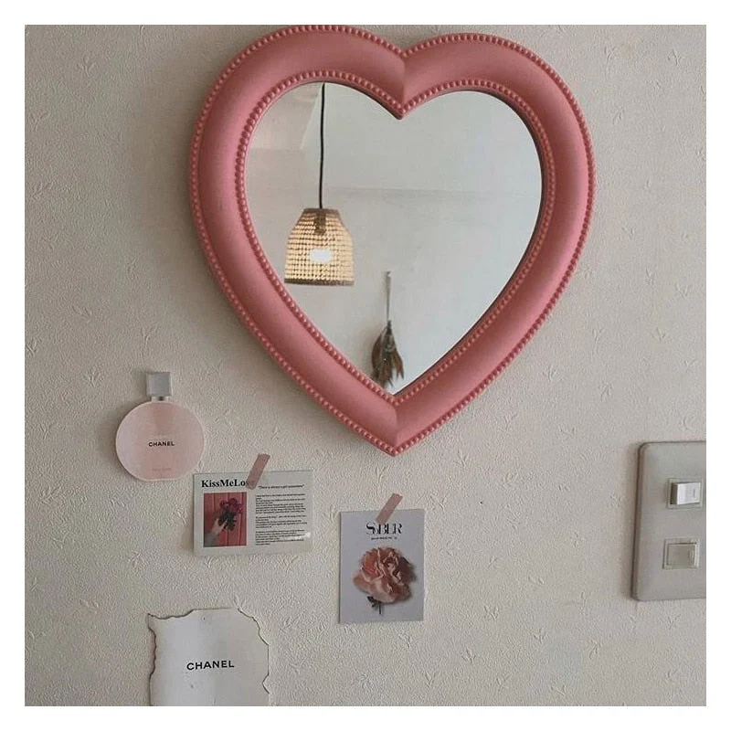 HULIANFU Ins Love Heart Cosmetic Mirror Wall Hanging Dormitory Dressing Mirror Pink White Korean Living Room Decorative Mirrors For Girls - Deanwangkt