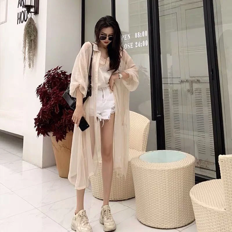 Hulianfu Women Blouse Sun Protection Fashion Long Lantern Sleeve Outerwear Sheer All-match Thin Beach Street Comfort Korean Style Leisure - Deanwangkt
