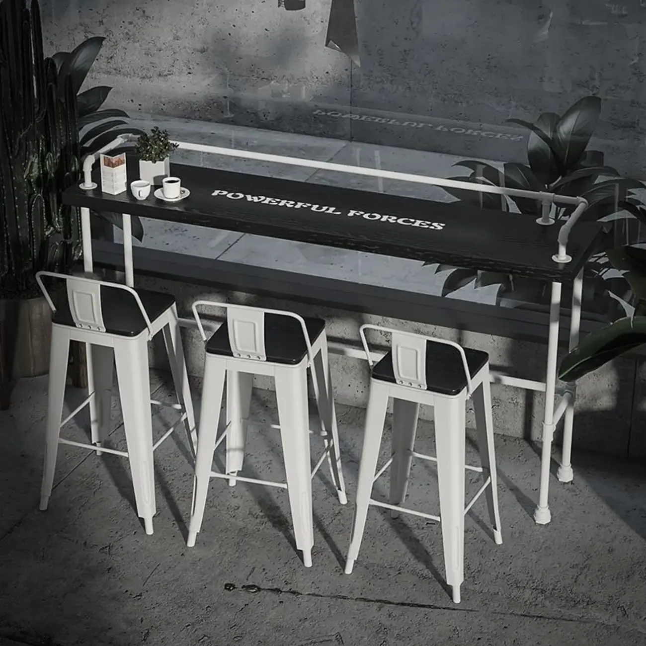 Rectangular Black Wood White Metal Four-Legged Bar Table Seat of 4