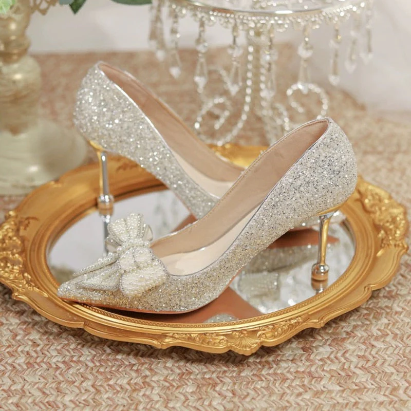 Luxury Pearl Bowtie Wedding Shoes Women  Autumn Shiny Crystal High Heels Pumps Woman Slip On Pointed Toe Bling Party Shoes - Deanwangkt