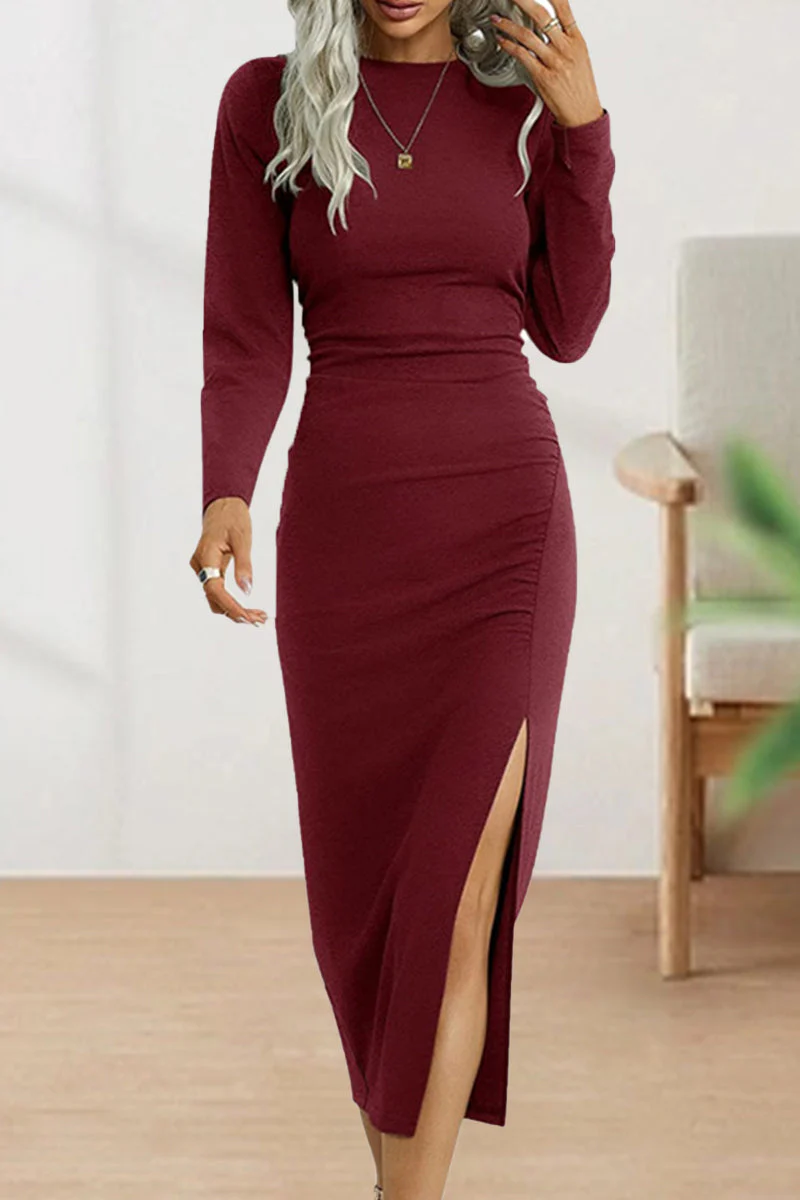 hulianfu Sweet Elegant Solid Fold O Neck Sheath Dresses(6 Colors) - Deanwangkt