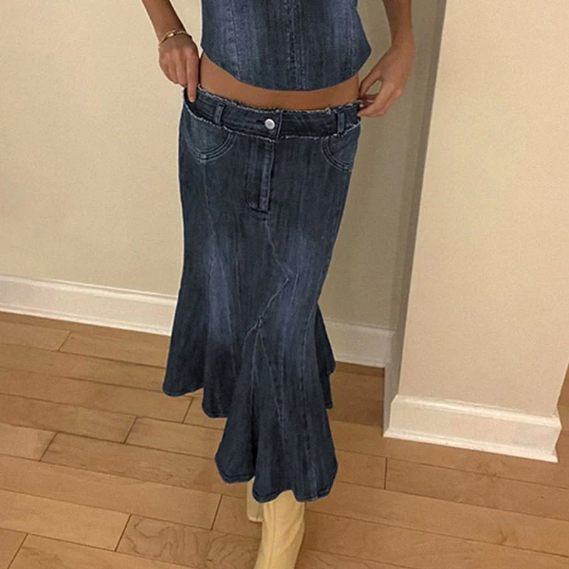 Hulianfu Sexy Denim Skirt Women Set Tube Tops Fur Edge Mermaid Dress Female Streetwear Set Summer Slim Sleeveless Spicy Suits - Deanwangkt