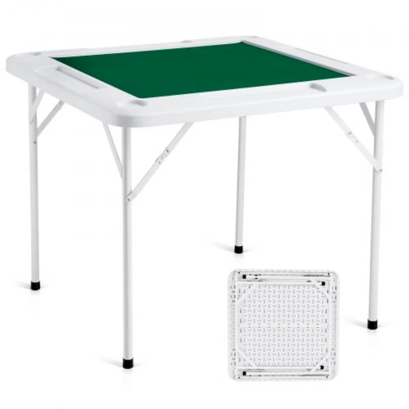 White HDPE 4 Player Folding Card and Mahjong Table with Soft Mat and Cup Holder - 35.43 x 35.43 x 29.13 in