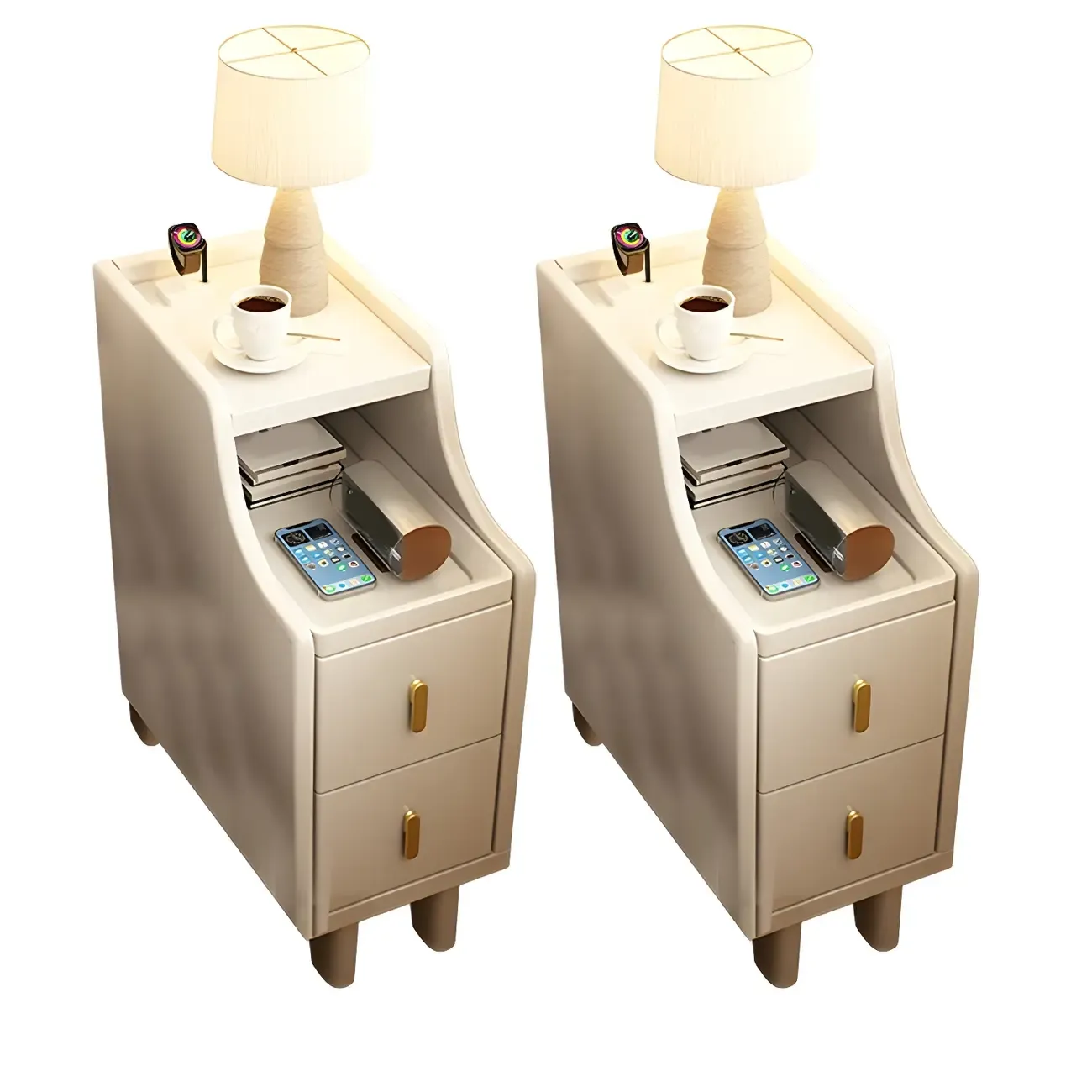 Narrow Small Walnut Wood Nightstand with Shelves