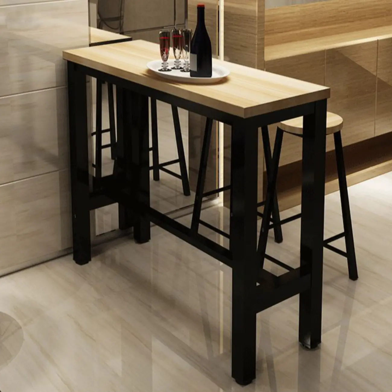 Modern Bar Table with Wood Top and Metal Legs
