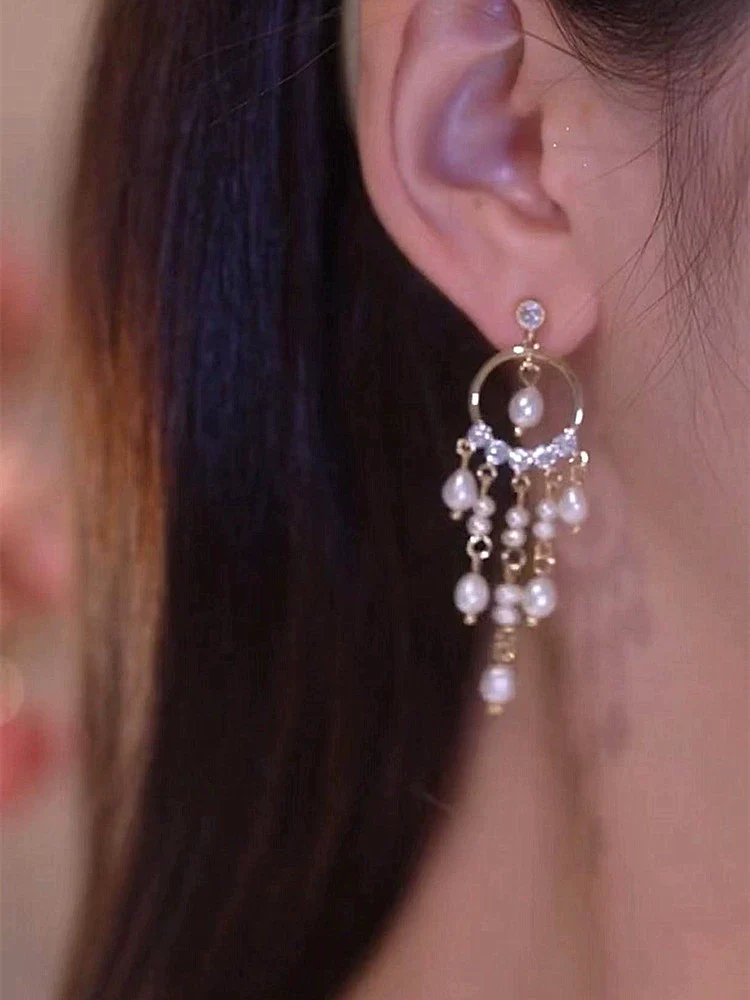 Super fairy temperament pearl fringed silver needle earrings women's  new trendy light luxury summer high-end cold wind earrings - Deanwangkt