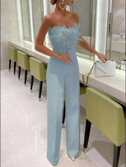Hulianfu Jumpsuit Women Elegant Long Jumpsuit Strapless Slash Neck Feather Tube Top Sexy Fashion Party Night Evening Jumpsuit Summer - Deanwangkt
