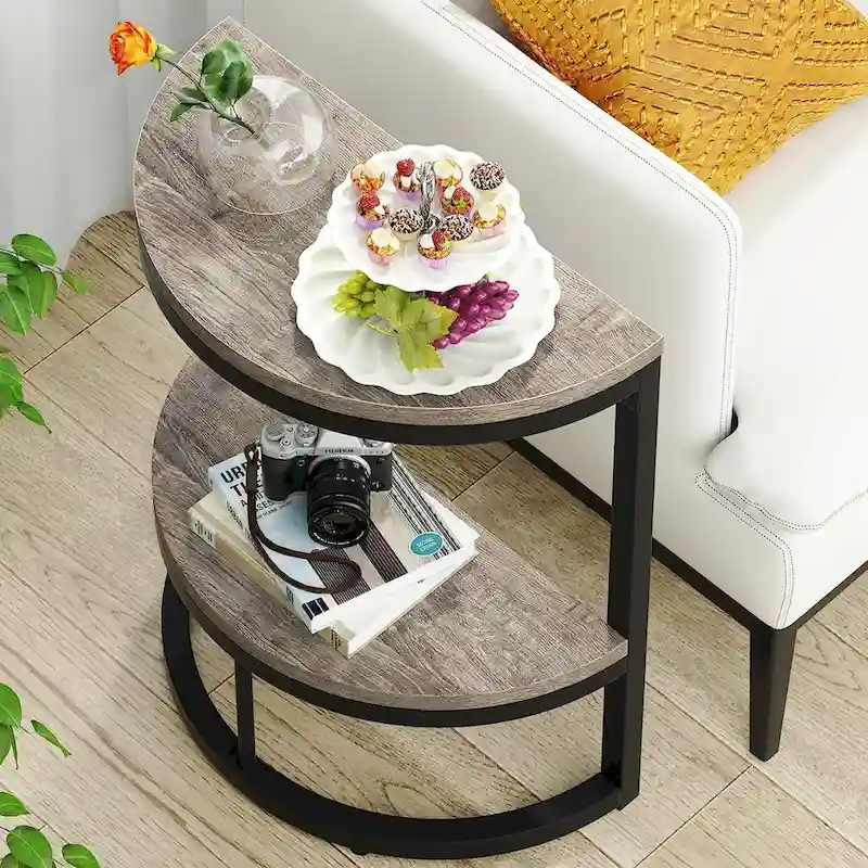 Half Round End Table, Narrow Side Table Slim C Table with Metal Frame