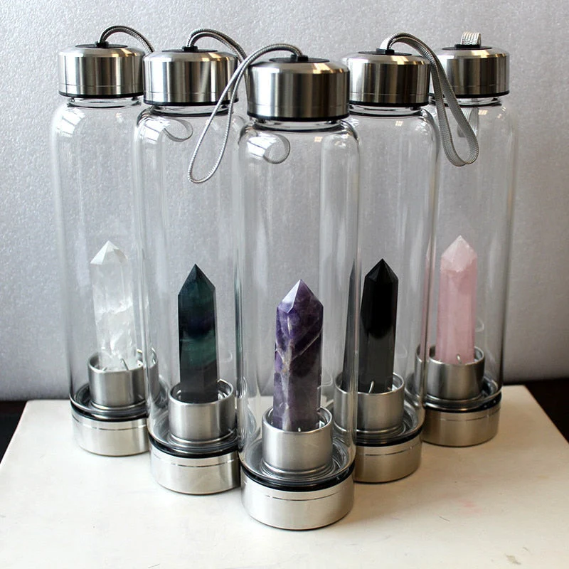 HULIANFU water bottle Drop Shipping Natural Crystal Point Healing Obelisk Wand Elixir Quartz Crystal Water Bottle To wand heals energy st - Deanwangkt