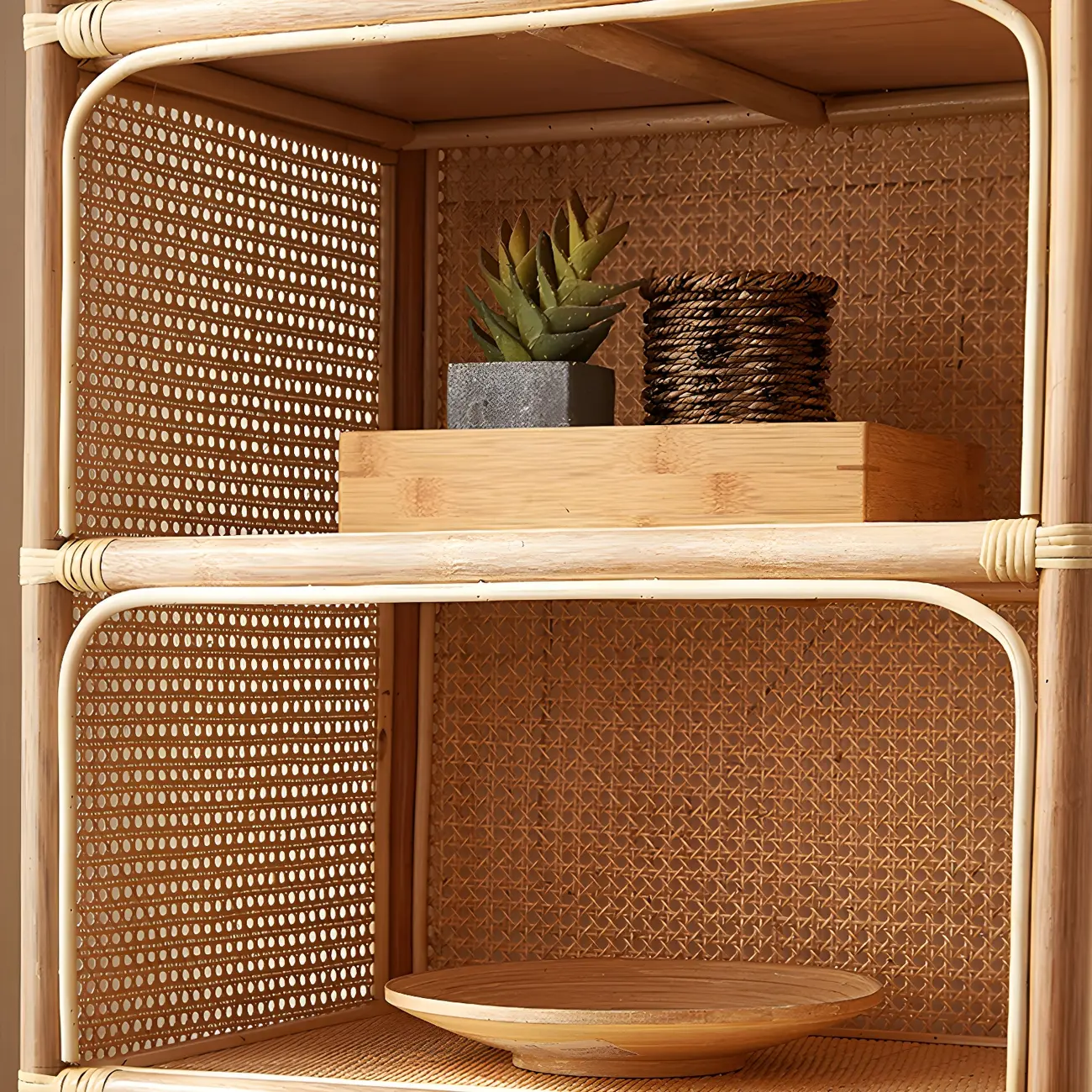 Light Wood Arch Rattan Bookshelf 5-Tier Bookcase