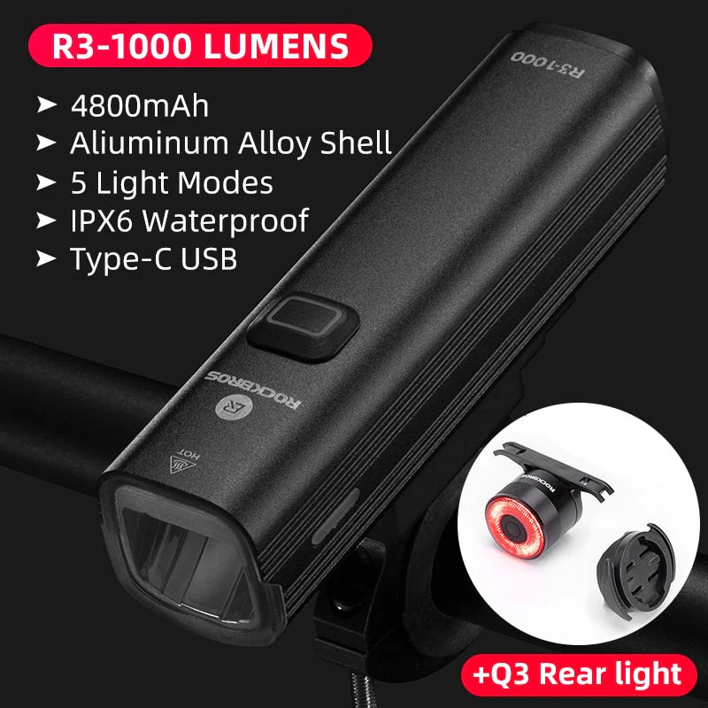 HULIANFU ROCKBROS 1000LM Bike Light Front Lamp USB Rechargeable LED 4800mAh Bicycle Light Waterproof Headlight Bike Accessories - Deanwangkt