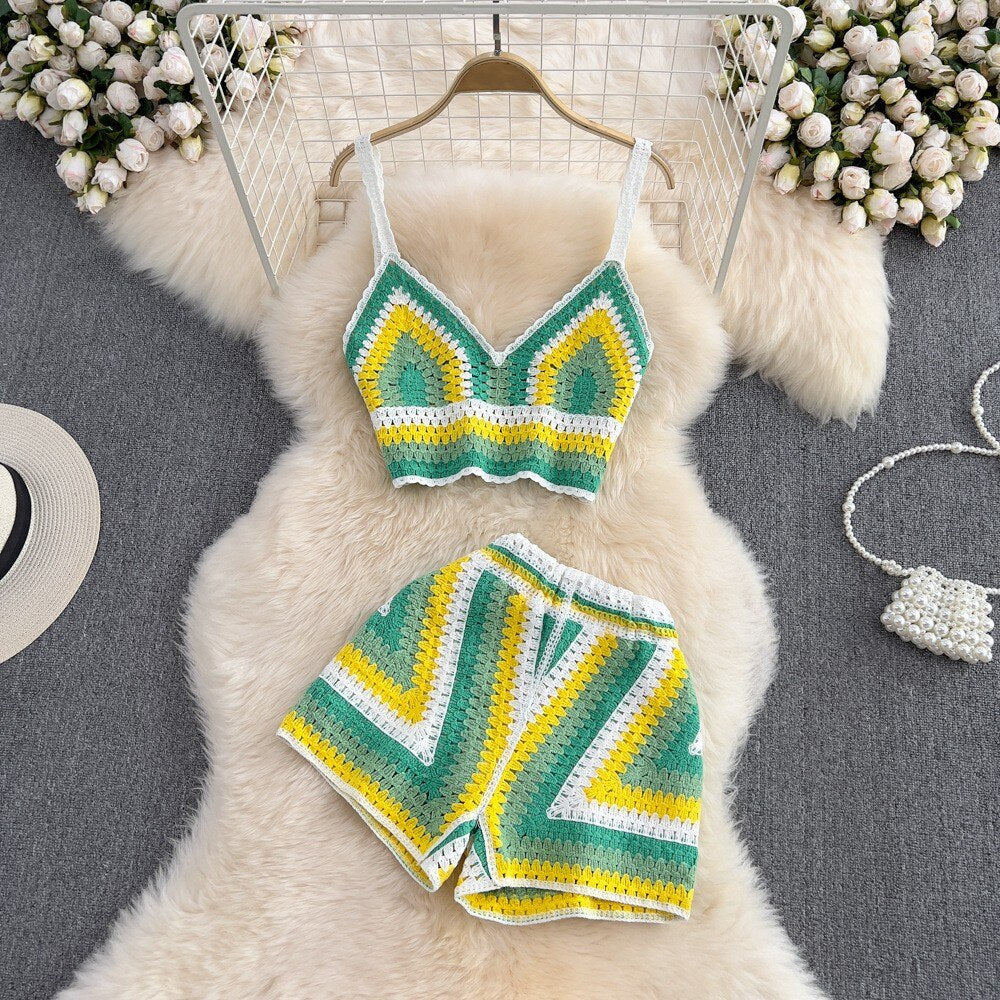 Knitted Crochet Two Piece Set Women Sexy V-Neck Cropped Tank Top and High Waist Shorts Matching Summer  Beach Outfits - Deanwangkt