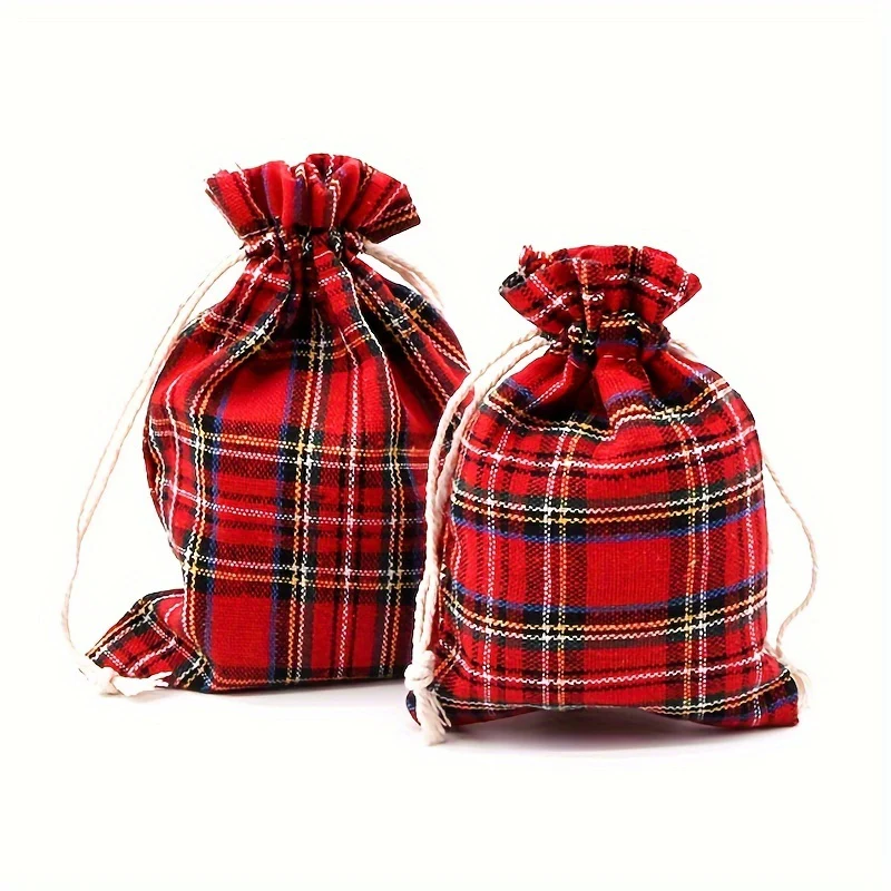 10 Pcs Festive Red Plaid Reusable Cotton Drawstring Bags - Perfect for Wedding, Birthday, Christmas, and More Decorative Occasions - Deanwangkt