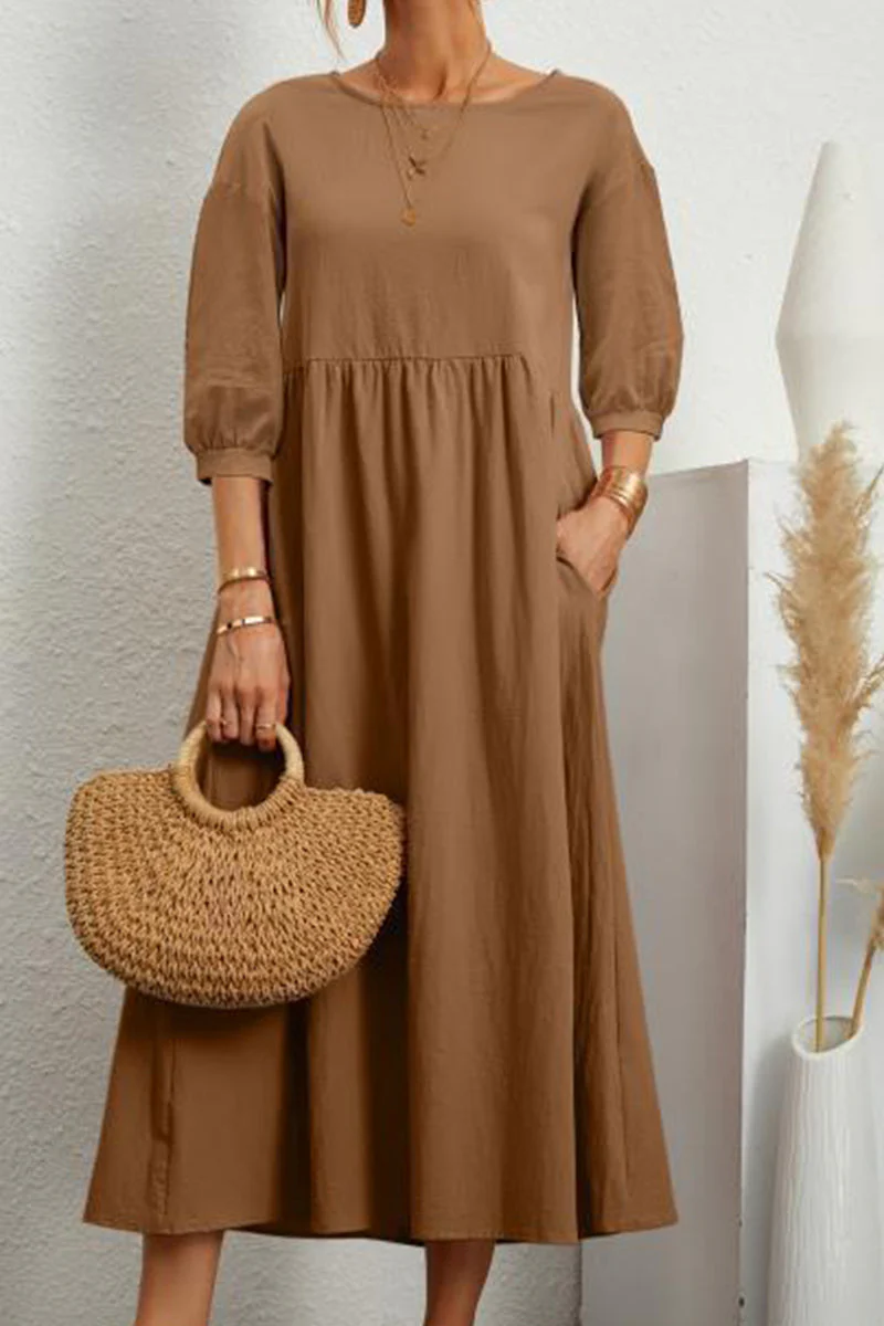 hulianfu Casual Solid Solid Color O Neck A Line Dresses(11 Colors) - Deanwangkt