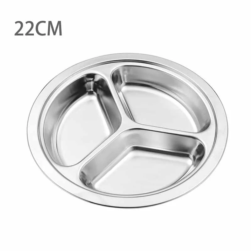 HULIANFU Stainless Steel Dinner Plate 3 Sections Round Divided Dish Children Fruit Snack Tray Baby Bowls Kitchen Tableware Dia 22/24/26cm - Deanwangkt