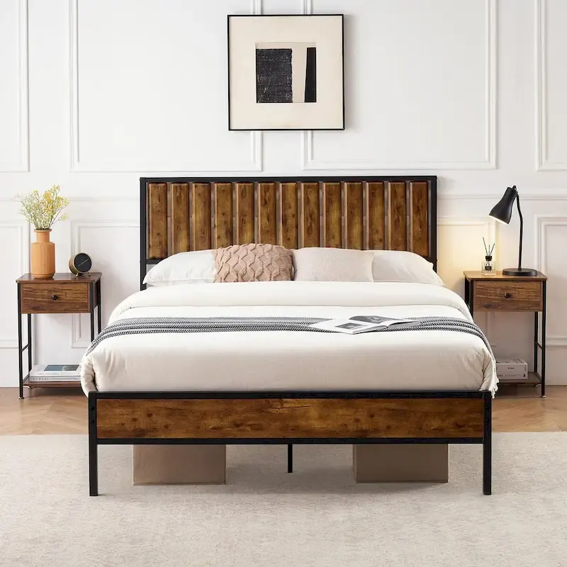Platform Bed Frame, Rustic Vintage Wood Headboard