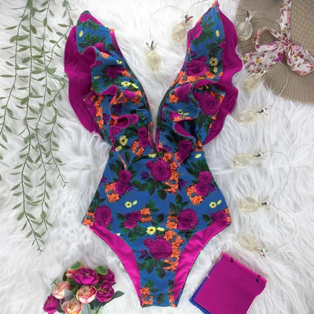 New Sexy Ruffle Print Floral One Piece Swimsuit Off The Shoulder Swimwear Women Solid Deep-V Beachwear Bathing Suit Monkini - Deanwangkt