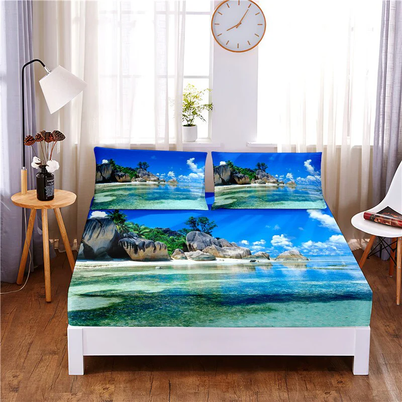 HULIANFU Sunset Beach Digital Printed 3pc Polyester  Fitted Sheet Mattress Cover Four Corners with Elastic Band Bed Sheet Pillowcases - Deanwangkt