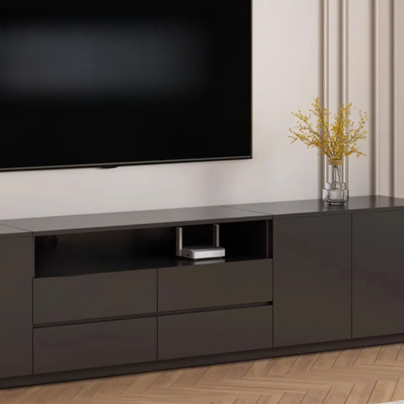 Modern Black Wooden TV Stand with Cable Management