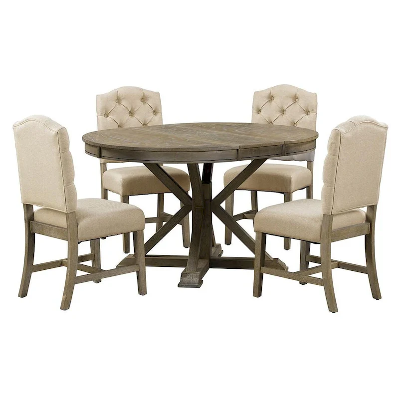 Wooden Round Drop Leaf Extendable Dining Table Set with 4 Upholstered Chairs