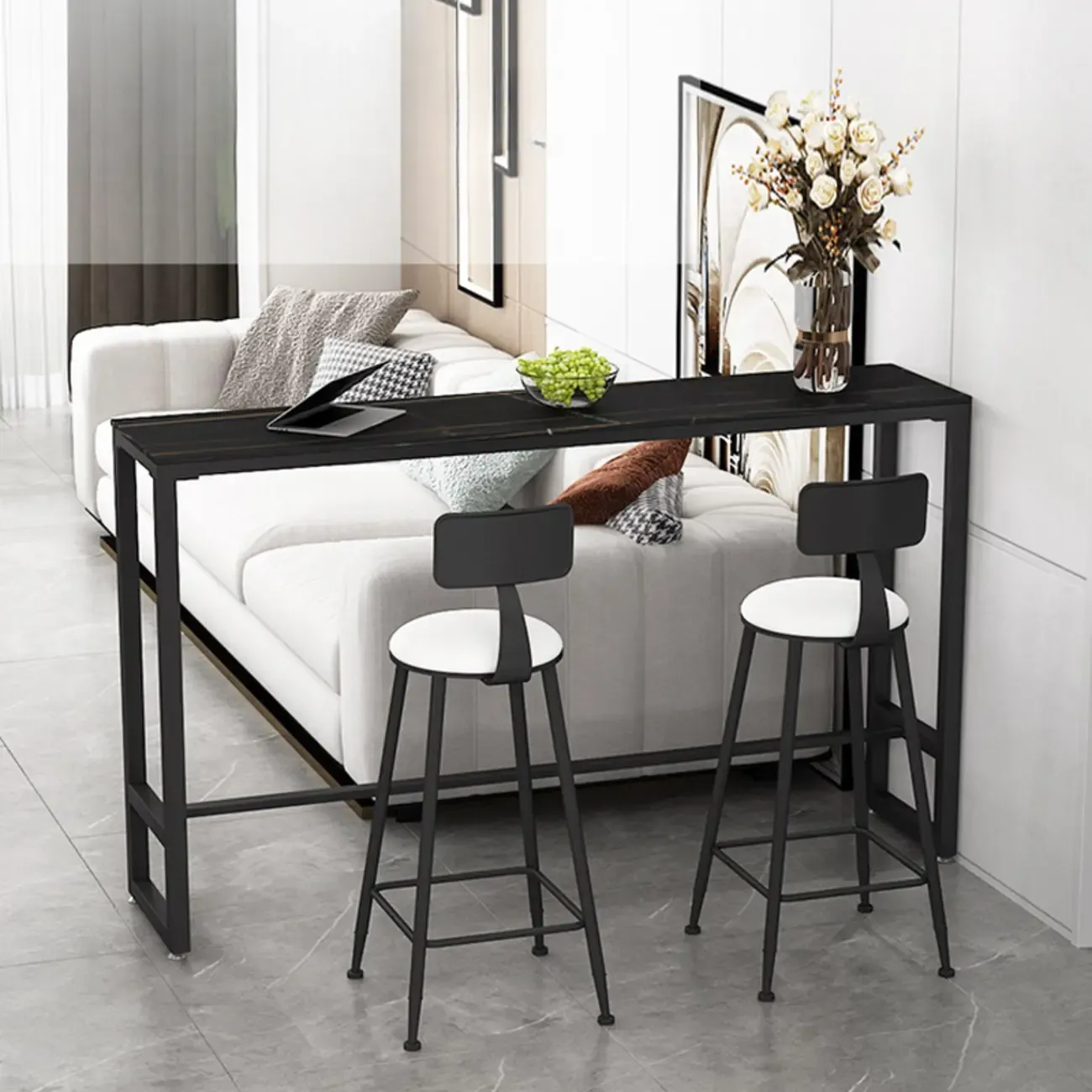 Black Modern Stone Top Trestle Base Bar Table with Footest