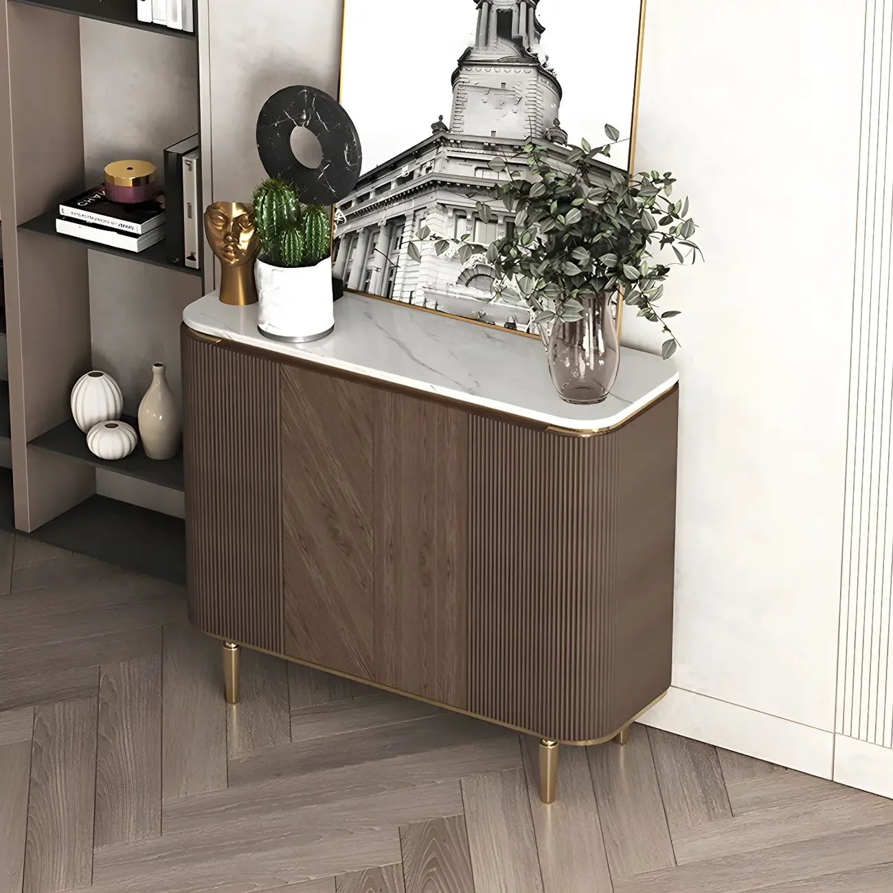 Glam Brown Wooden Sideboard with Marble Top