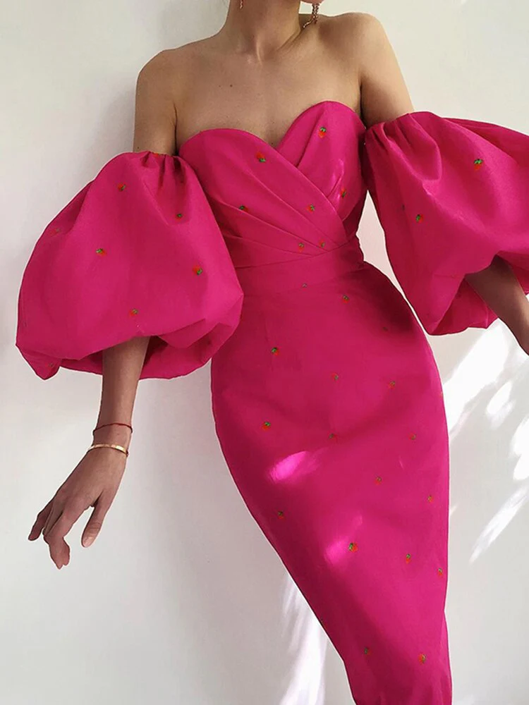 Hulianfu Elegant Women Vintage Dress Lantern Sleeve Strawberry Print Slash Neck Mid Calf Dresses Summer Sexy Casual Female - Deanwangkt