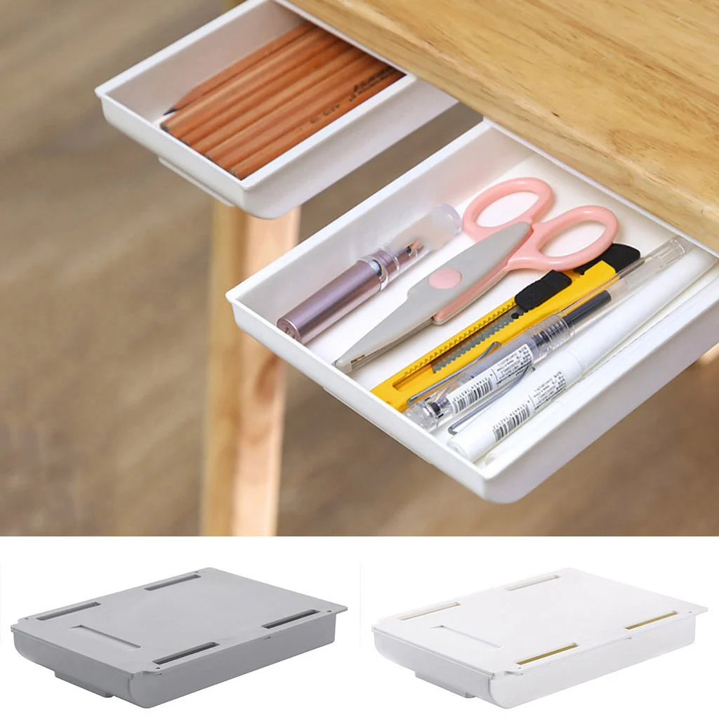 HULIANFU Self Stick Pencil Tray Desk Table Storage Drawer Organizer Box Under Desk Stand Self-adhesive under-drawer storage box - Deanwangkt