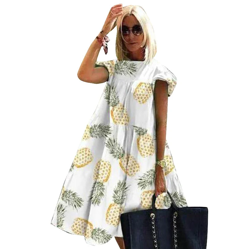 Summer Women'S Retro Loose 2xl Casual Round Neck Short Sleeve One-Piece Dresses - Deanwangkt