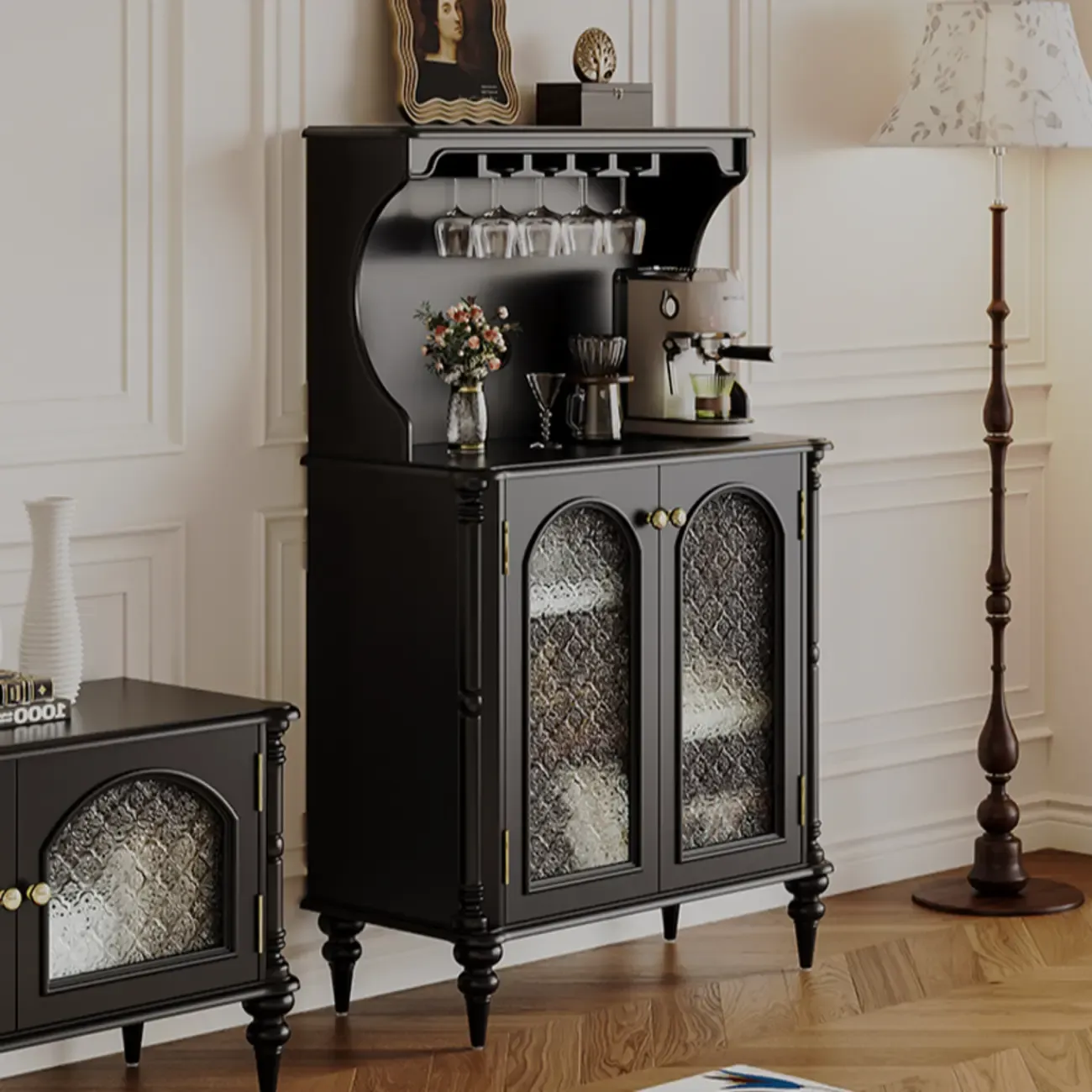 Black Wood Floor Countertop China Cabinet with Storage