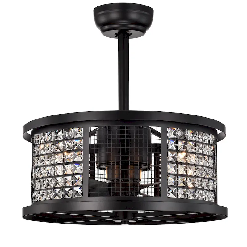 Lacey Matte Black Ceiling Fan19-Inch 4-Light Geometric Metal & Crystal Drum Shade (Includes Remote)