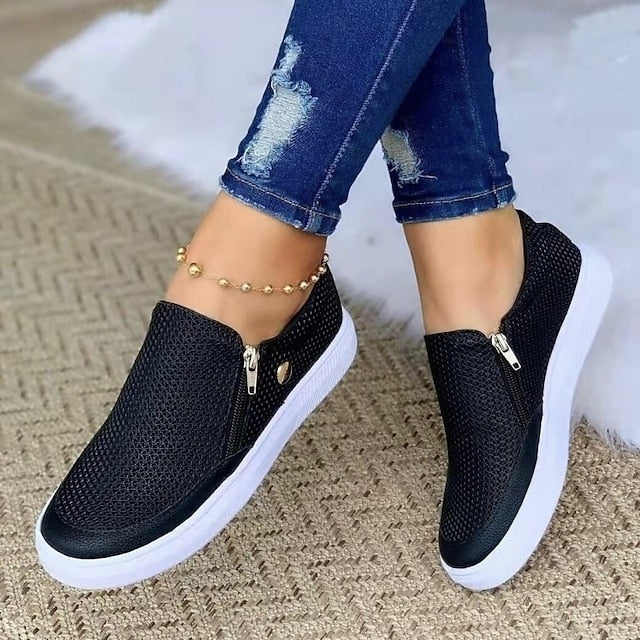 Women's Sneakers Plus Size Slip-on Sneakers White Shoes Outdoor Daily Flat Heel Round Toe Basic Casual Minimalism Walking Shoes Mesh Zipper Solid Color Black White Gold - Deanwangkt