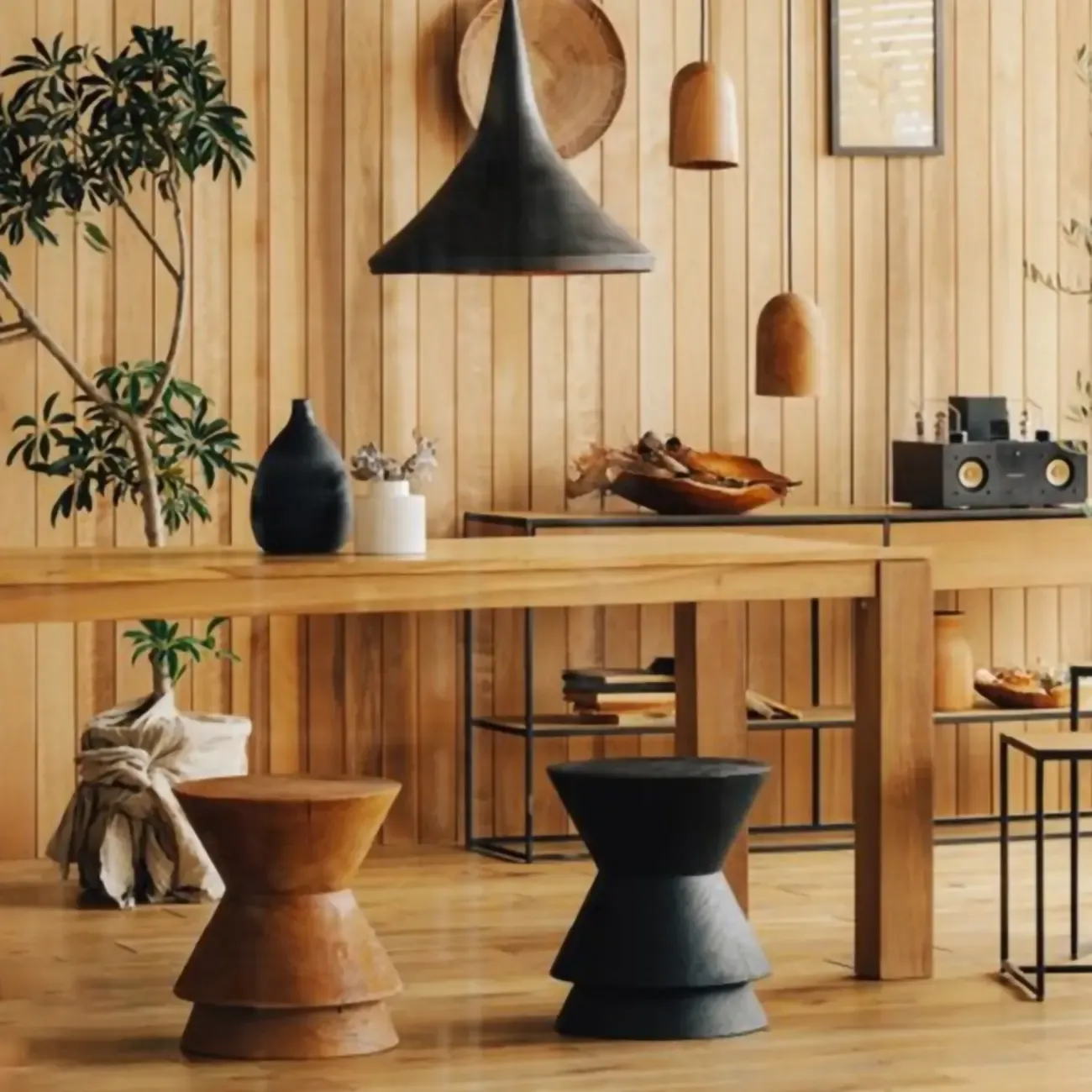 Small Round Modern Pine Wood Side Table with Drum Base