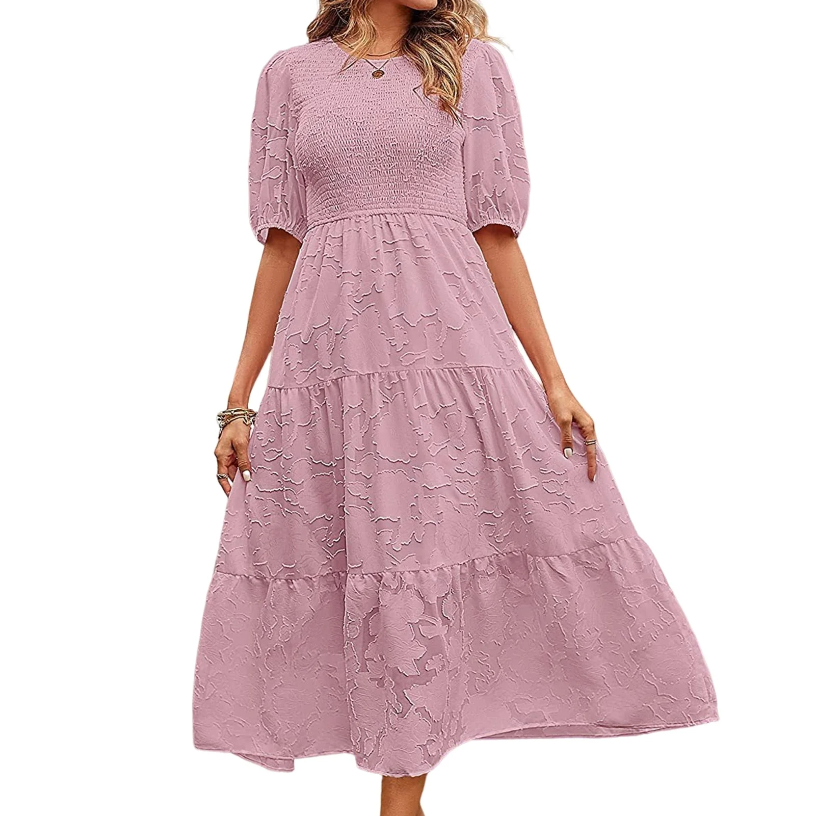 New Summer Women Fashion Puff Sleeve O-Neck Long Dress Casual Solid Printed Button Dress Female Slim Big Hem Office Dresses - Deanwangkt