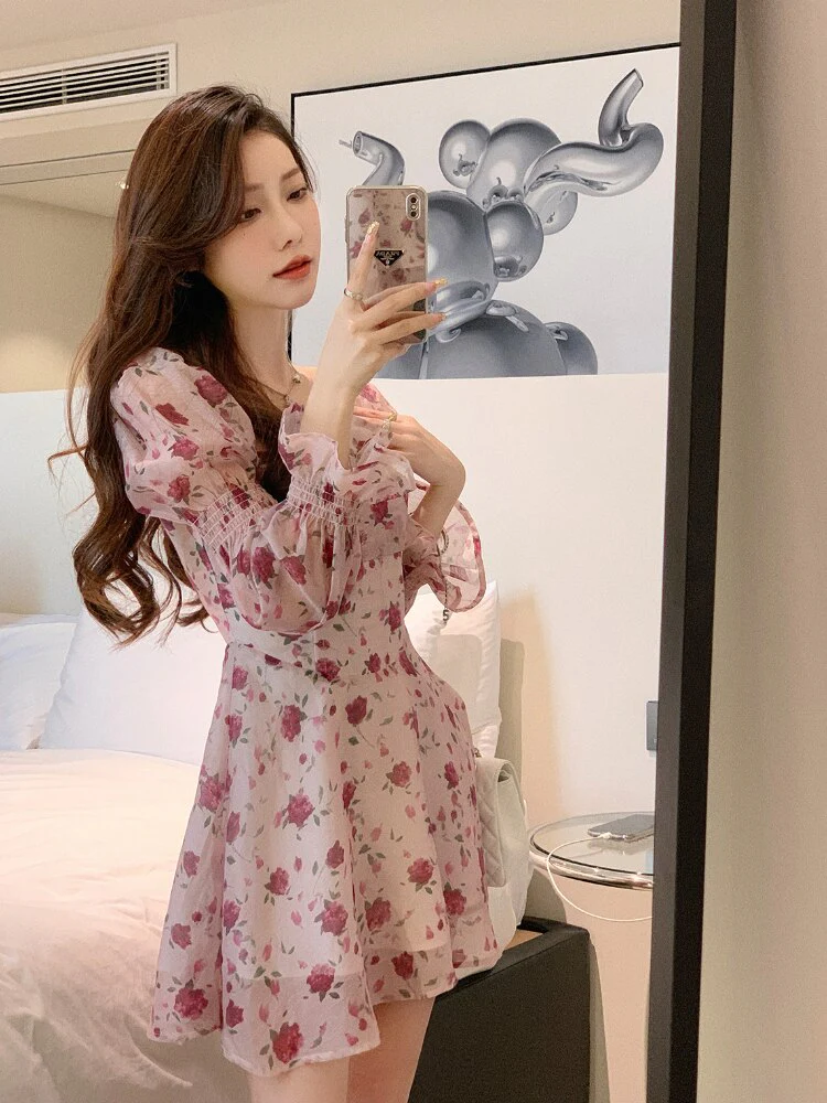 Hulianfu Vintage Sweet Korean Fashion Floral Bodycon Mini Dress for Women Party Beach Long Sleeve Casual Dresses Elegant Summer 2026  Pink - Deanwangkt