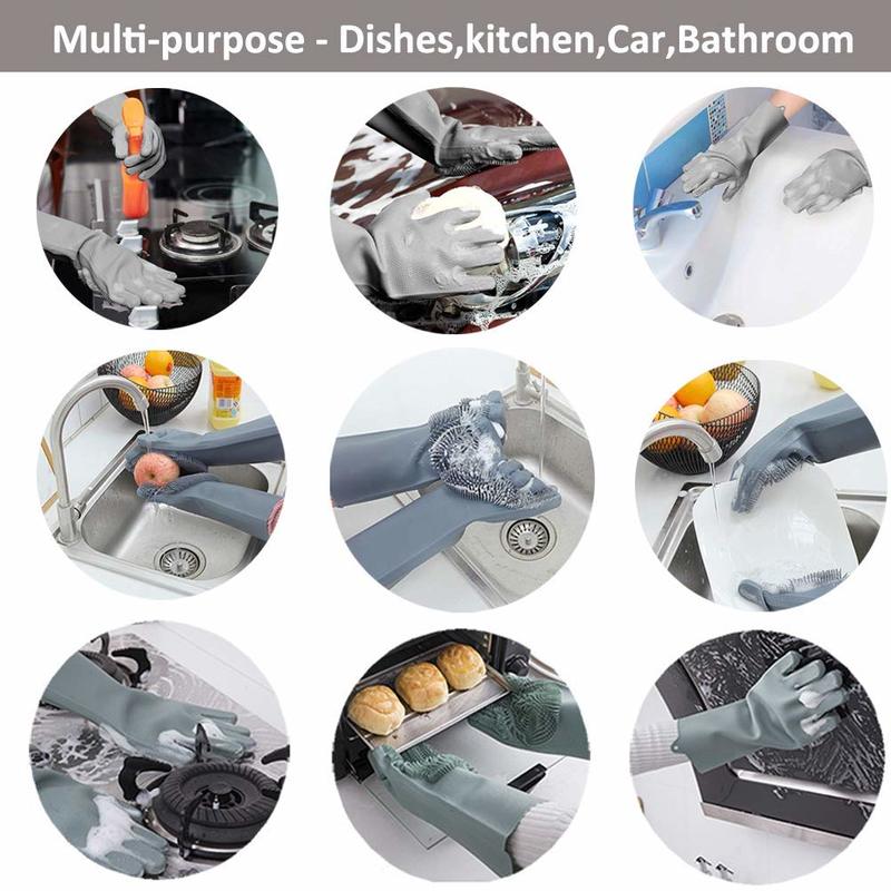 HULIANFU Silicone Dishwashing Cleaning Glove Magic Scrubber Sponge Rubber Glove for Washing Dish Kitchen Car Bathroom Pet Brush Cleaner - Deanwangkt