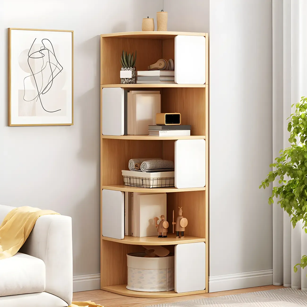 Narrow Modern 5-Tier Wood Brown Corner Bookcase