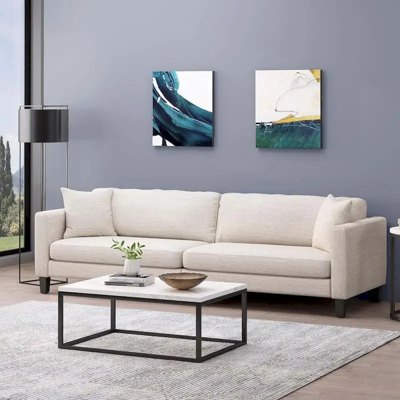 Beige Modern 101 3-seater Sofa with Wood Legs and Two Pillows for Living Room