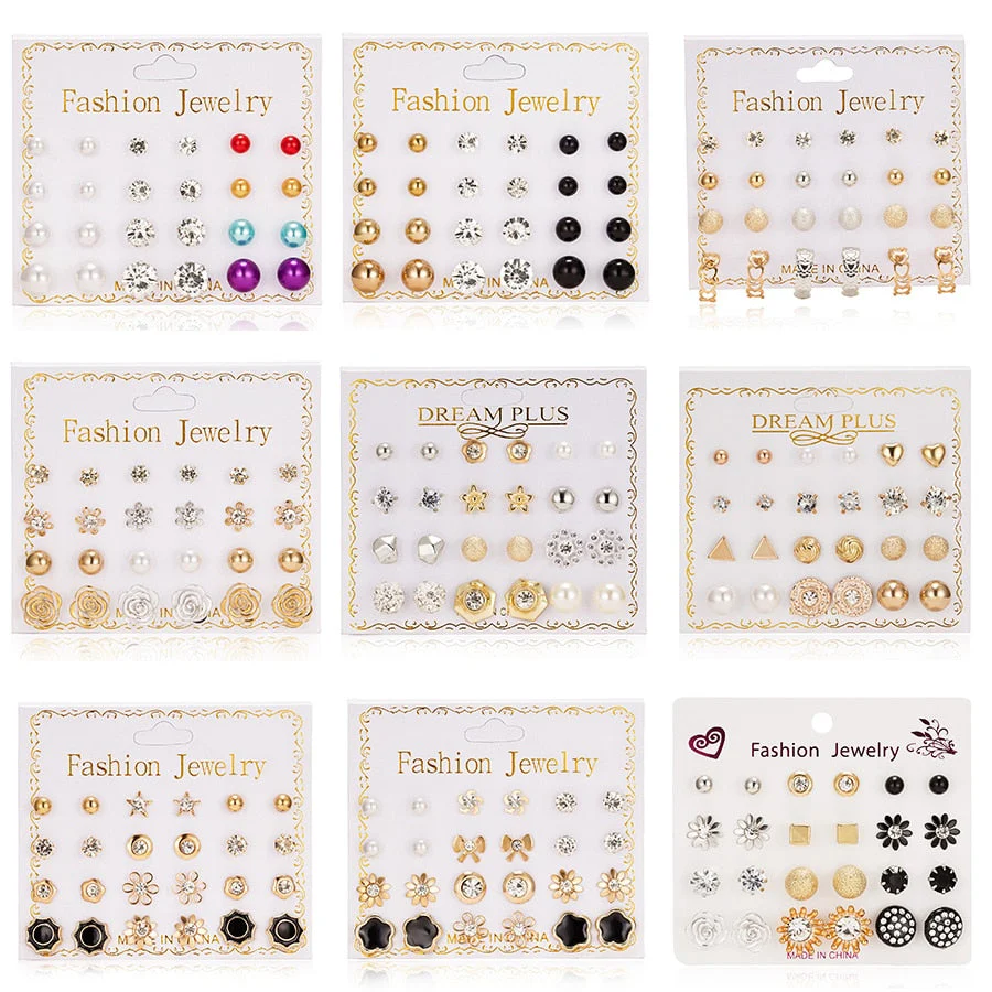 12 Pairs/set Classic Crystal Stud Earring Sets Women's Round Ball Metal Pearl Flower Earrings For Women Girl Gift Mixed Jewelry - Deanwangkt