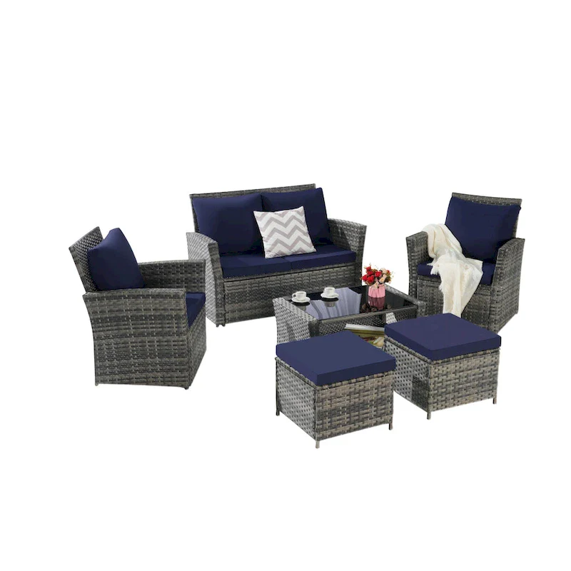 6 Piece Wicker Patio Furniture Sets with Tempered Glass Coffee Table & Ottoman