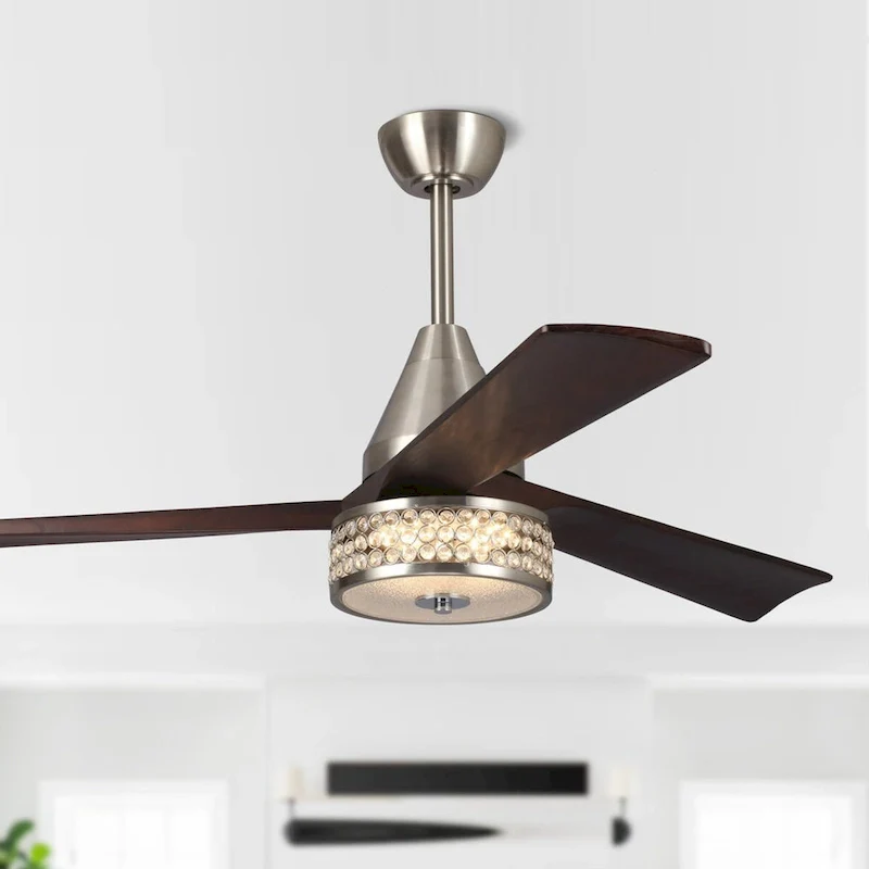 52  Walnut Wood 3-Blade Crystal LED Ceiling Fan with Remote