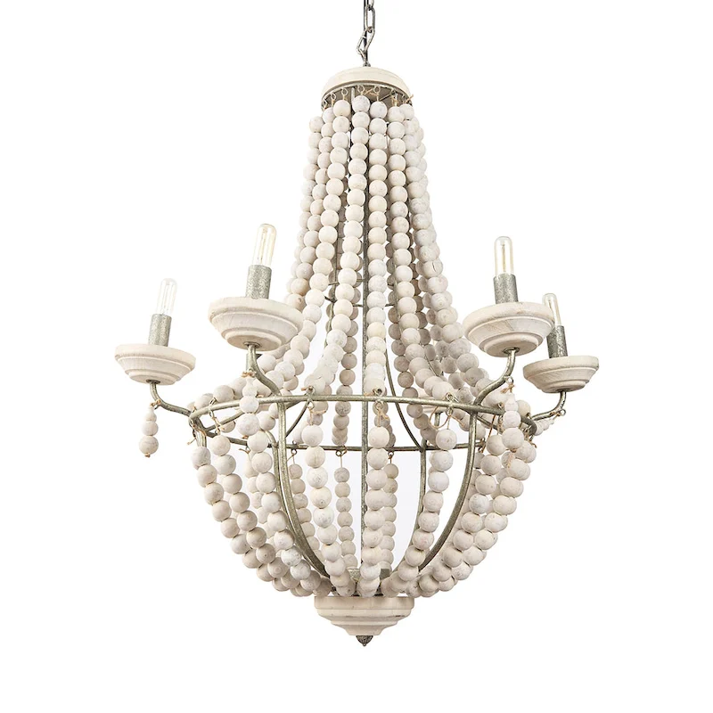 Phillum Silver Metal & White Wood Beaded Six Bulb Chandelier - 29 W x 29 D x 37 H