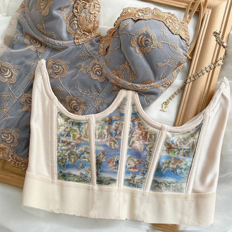 Townlike Summer  Waist Oil Painting Waist Seal Corset Slim Sexy Crop Top Women Short Bandage Corset Top With Fishbone - Deanwangkt