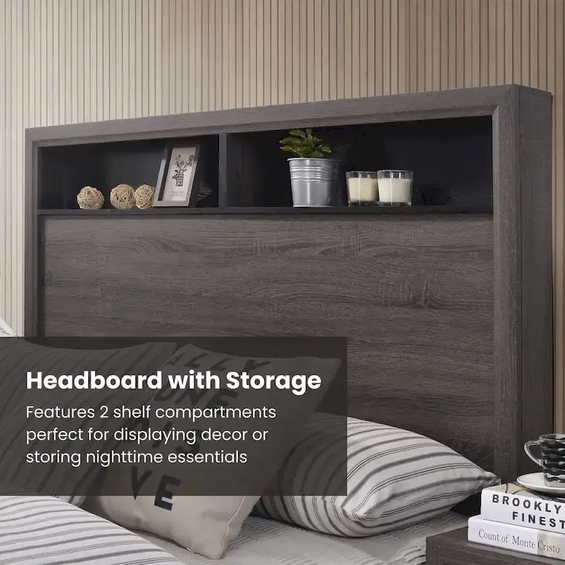Rothwell Grey Wood Bed with Bookcase Headboard