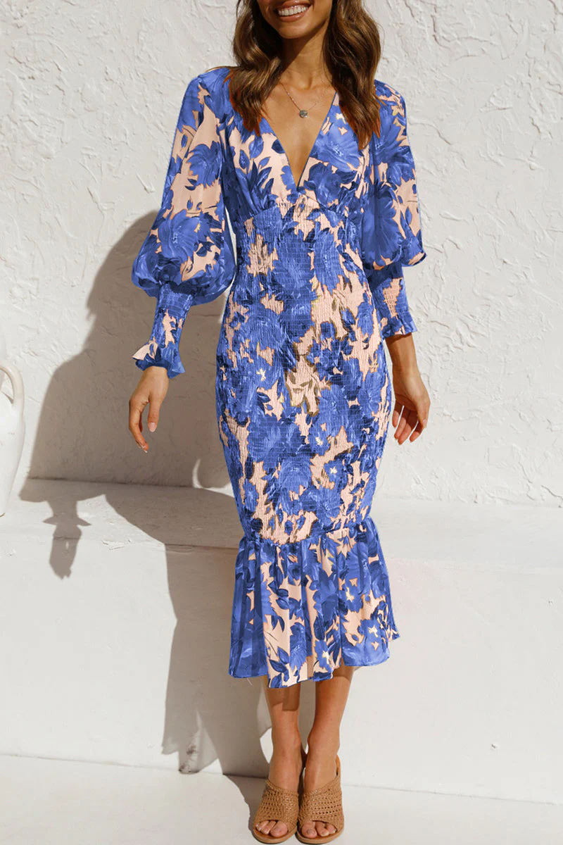 hulianfu Sweet Elegant Print Patchwork V Neck Waist Skirt Dresses(4 Colors) - Deanwangkt