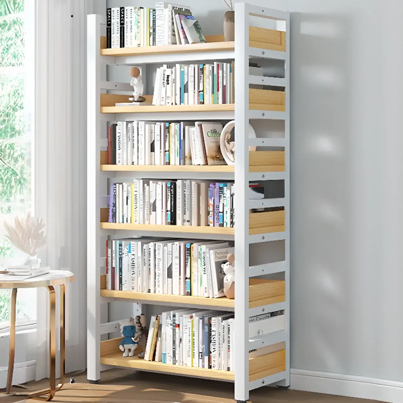 Freestanding Simple Multi-Layer Wood Bookshelf in Steel Frame