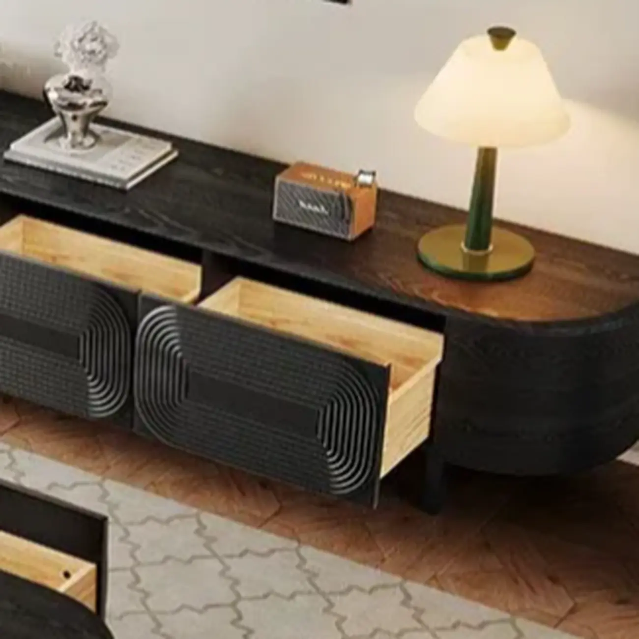 Mid Century Modern Black Wood TV Stand with Drawers