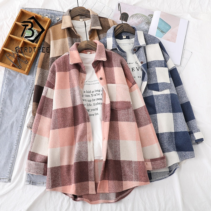 Hulianfu Spring New Women Big Plaid Full Sleeve Thick Warm Woolen Shirt Jacket Winter Oversize Tops Stylish Girl Casual Outwear T0N444T - Deanwangkt