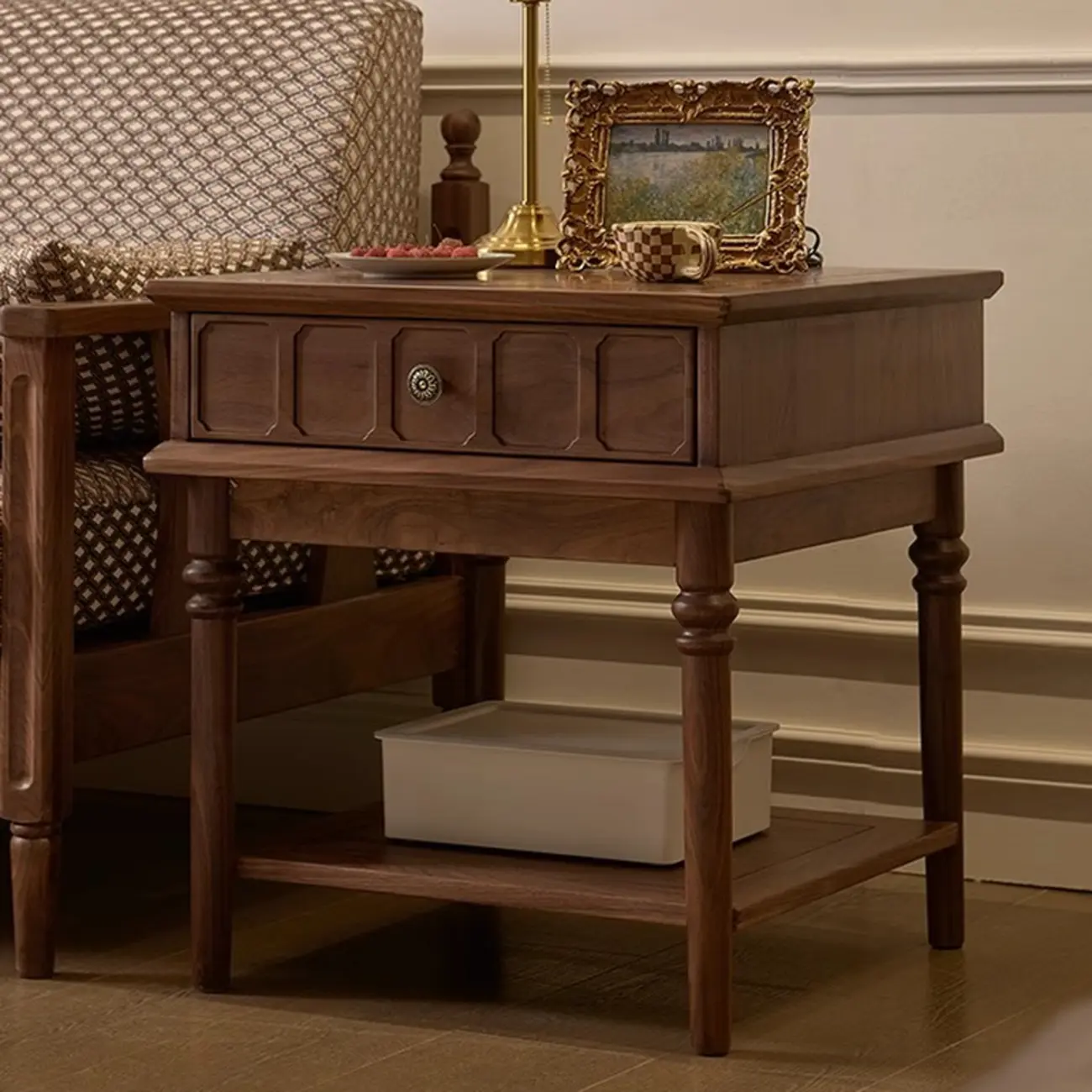 Mid-century Modern Square Walnut Wood End Table with Drawer