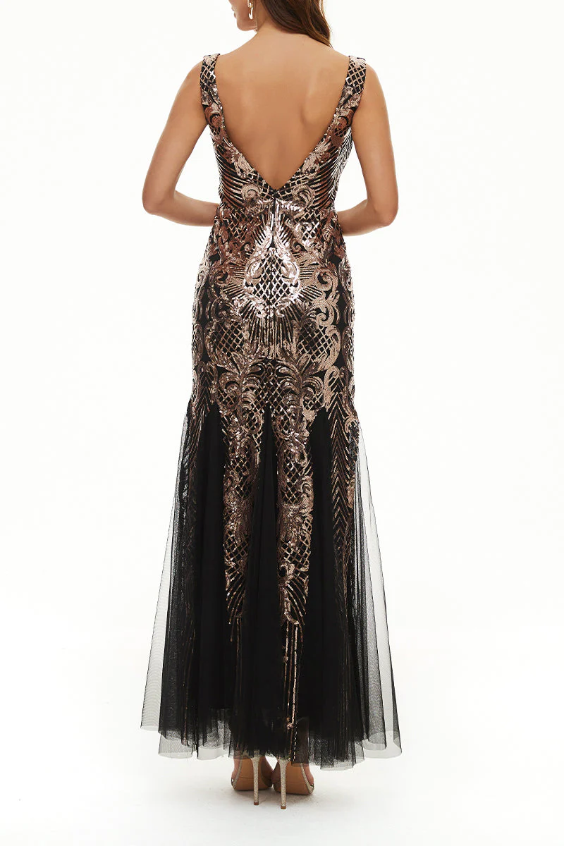 hulianfu Elegant College Patchwork Sequins V Neck Evening Dress Dresses - Deanwangkt